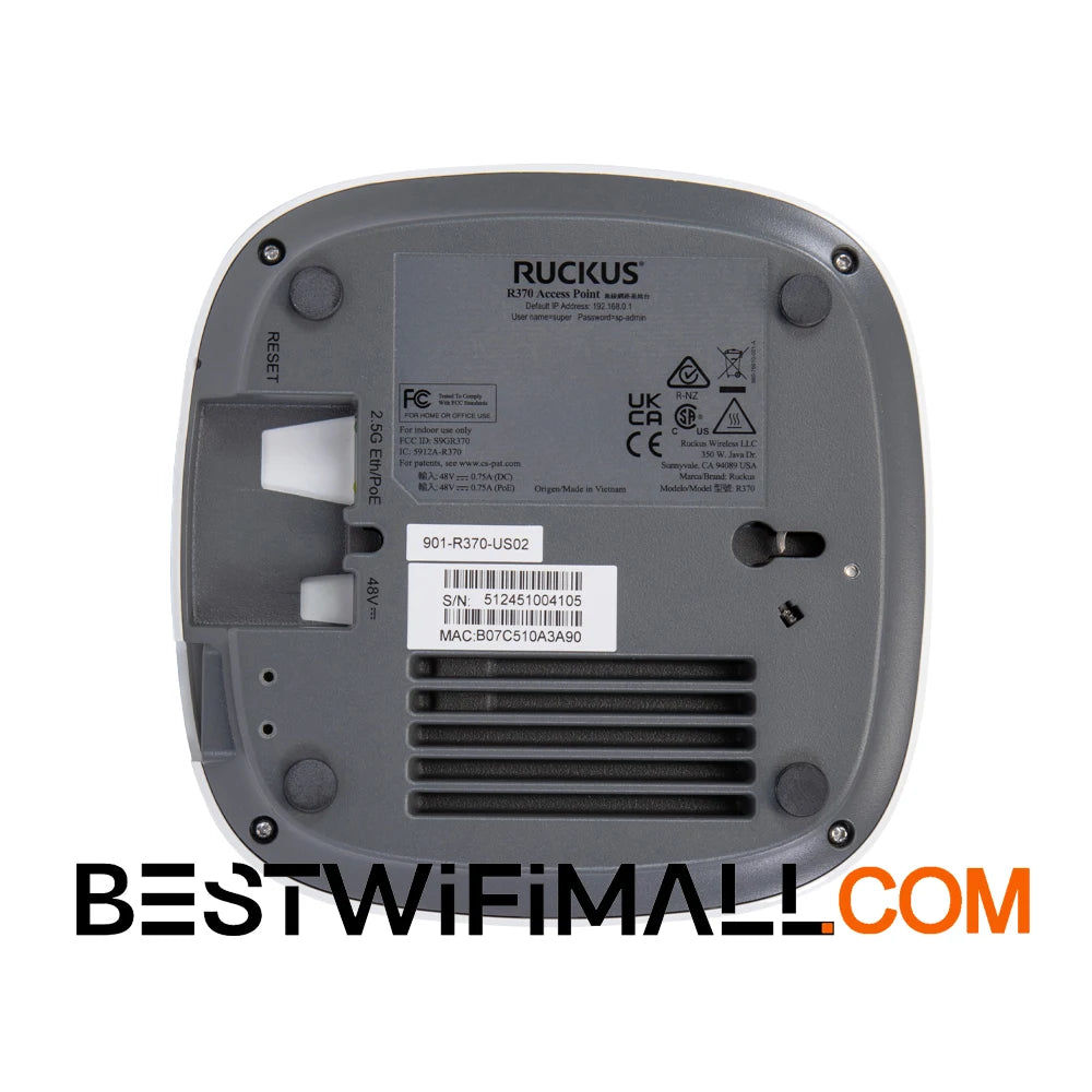 RUCKUS Networks R370 901-R370-WW02 901-R370-EU02 901-R370-US02 Indoor Wireless Access Point Entry-Level Wi-Fi 7 802.11be AP 2x2:2 Indoor Access Point 3.57 Gbps, IoT Ready