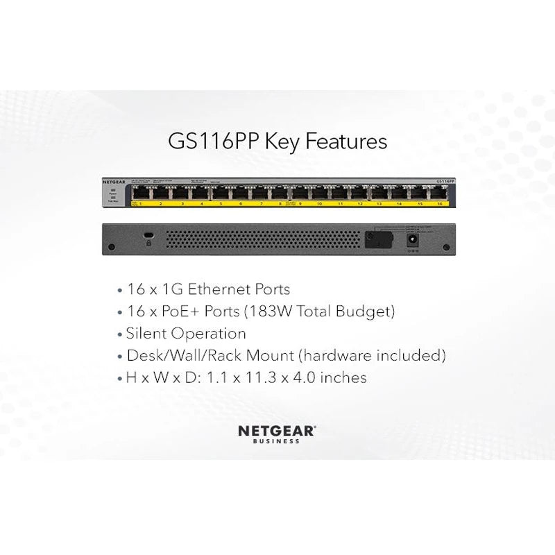 NETGEAR GS116PP 16-Port Gigabit Ethernet High-Power Unmanaged PoE+ Switch with FlexPoE (183W) - Best WiFi Mall