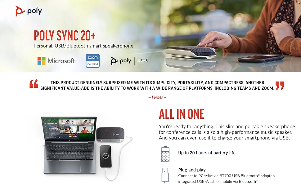 Poly Sync 20+ Personal Portable Bluetooth Smart Speakerphone (Plantronics) - USB-A UC Bluetooth Adapter - Connect Wirelessly to PC/Mac/Cell Phone - Works w/Teams, Zoom, & More
