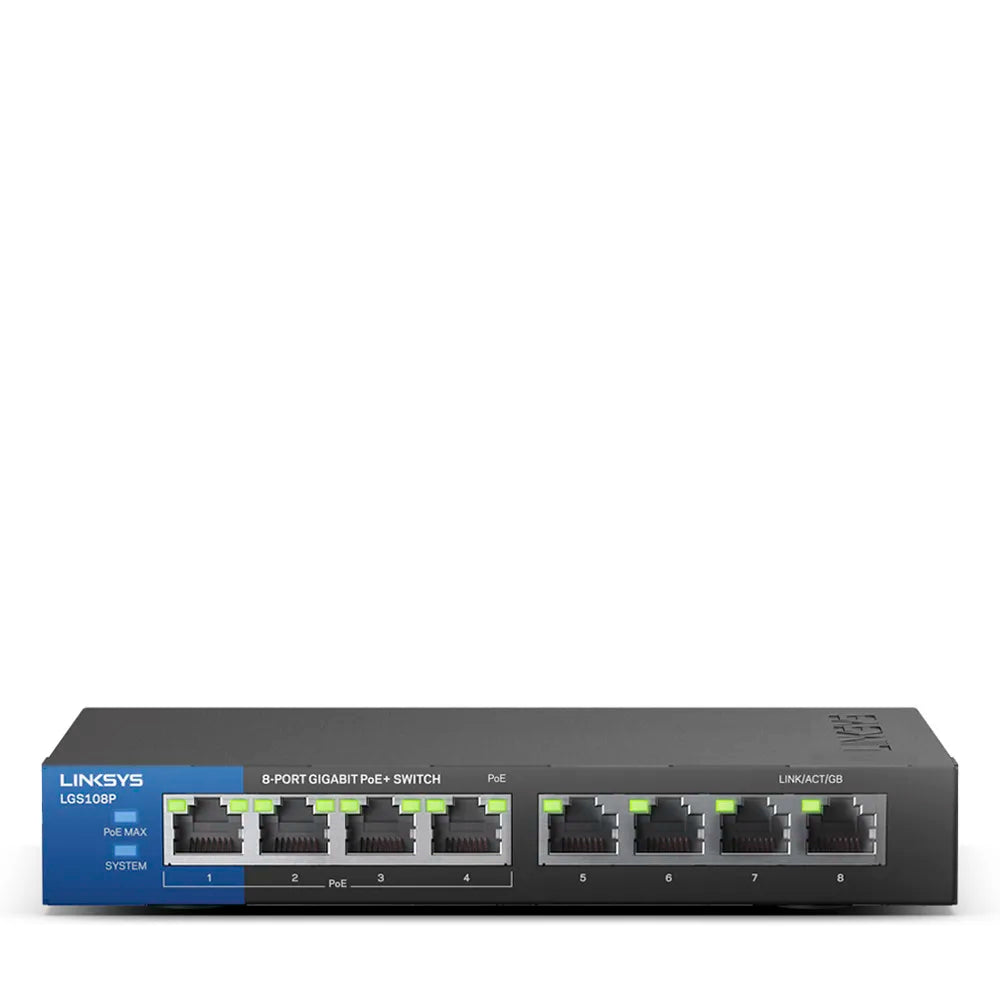 LINKSYS LGS108P 8-Port PoE+ Switch Business Desktop Gigabit Wired Connection Speed Up To 1,000 Mbps 8 Gigabit Ethernet