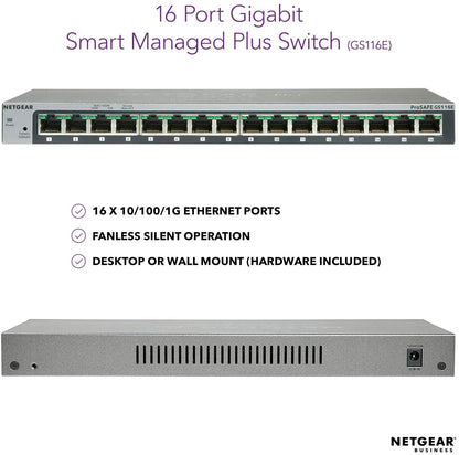NETGEAR GS116E 16-Port Gigabit Ethernet Smart Managed Plus Switch, Desktop, and ProSAFE Limited Lifetime Protection - Best WiFi Mall
