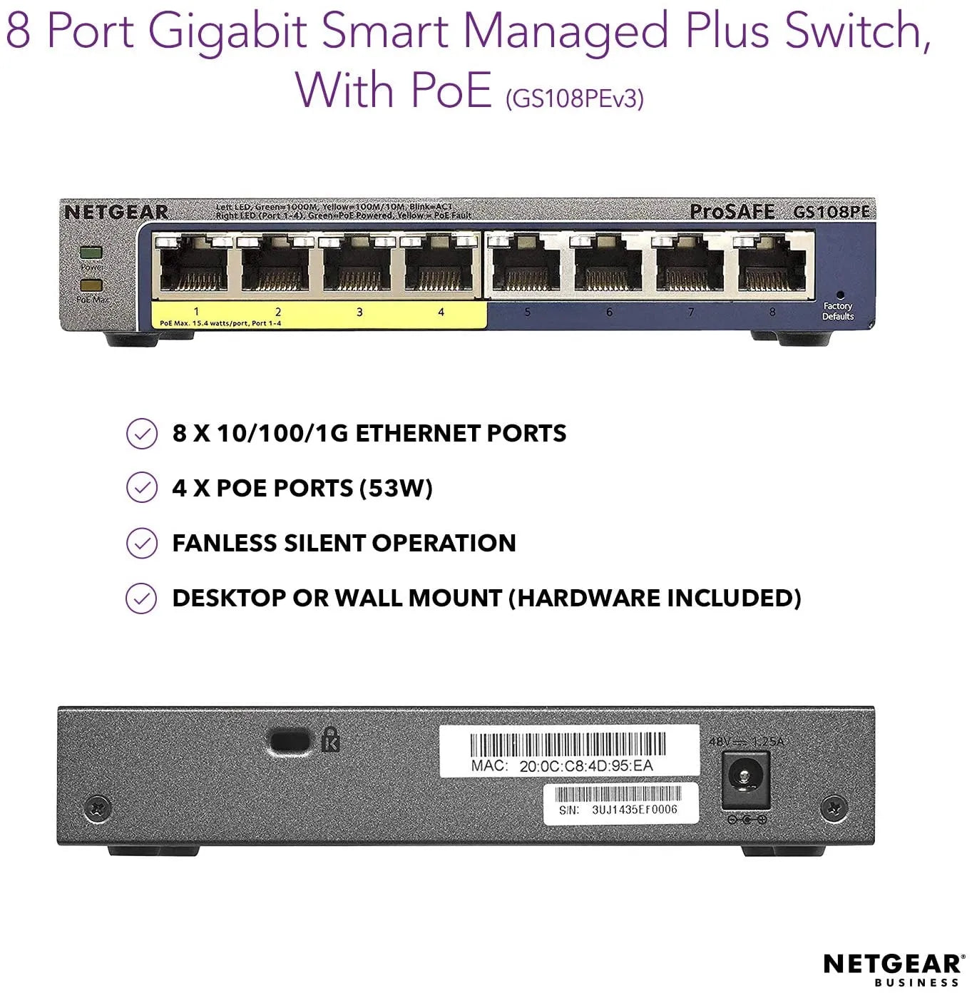 NETGEAR GS108PE 8-Port Gigabit Ethernet Smart Managed Plus PoE Switch with 4 x PoE 53W, and ProSAFE Limited Lifetime Protection - Best WiFi Mall