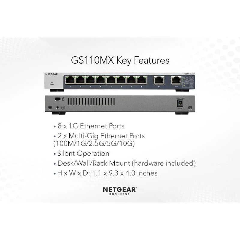 NETGEAR GS110MX Unmanaged Switch 10 Gigabit/Multi-Gigabit 8 Port Gigabit Ethernet, with 2 Port 5 Speed 56Gbps Bandwidth - Best WiFi Mall