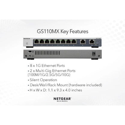 NETGEAR GS110MX Unmanaged Switch 10 Gigabit/Multi-Gigabit 8 Port Gigabit Ethernet, with 2 Port 5 Speed 56Gbps Bandwidth - Best WiFi Mall