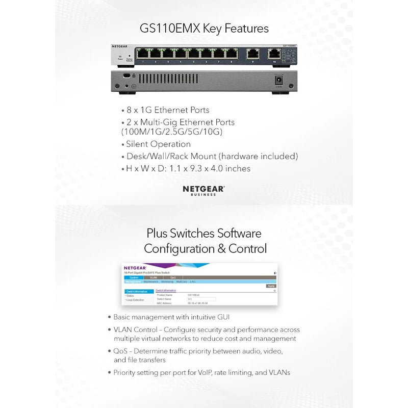 NETGEAR GS110EMX Switches 10 Gigabit/Multi-Gigabit Plus 8 Port Gigabit ports with 2 Port Multi-Gig ports, VLAN, QoS, LAG & IGMP - Best WiFi Mall