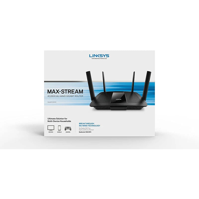 LINKSYS EA8500 AC2600 Max-Stream MU-MIMO Gigabit Smart Wi-Fi 5 Router Dual-Band 2.6 Gbps WiFi Speeds, 15+ Devices, WEP, WPA