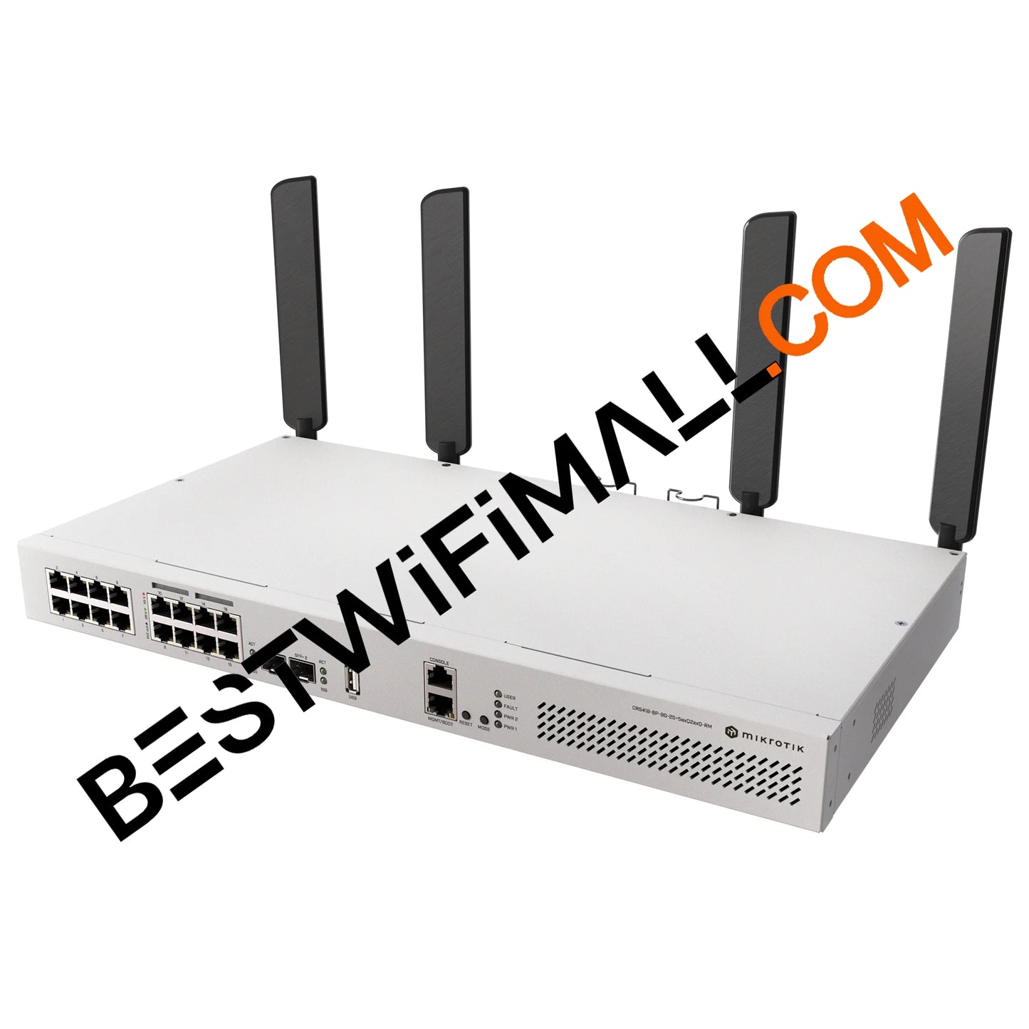 MikroTik CRS418-8P-8G-2S+5axQ2axQ-RM Wi-Fi Router 4x4 MIMO Wi-Fi 6, L3 HW Offloading, Quad-core 2.2 GHz ARM CPU, 16x Gigabit