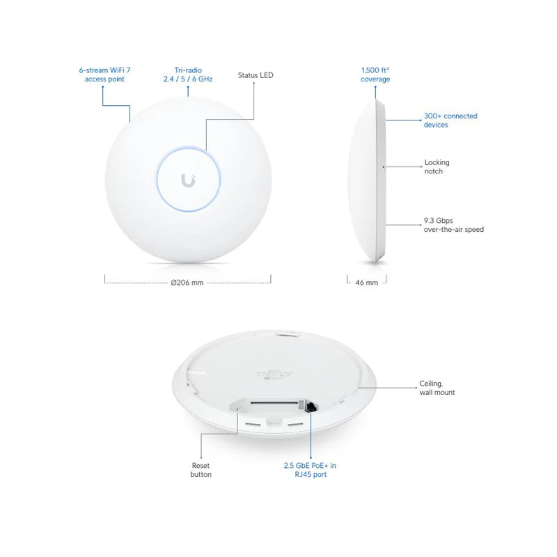UBIQUITI U7-Pro Ceiling-mounted WiFi 7 AP With 6 Spatial Streams And 6 GHz 140m²(1,500 ft²) Wireless Access Point, 300+Connected