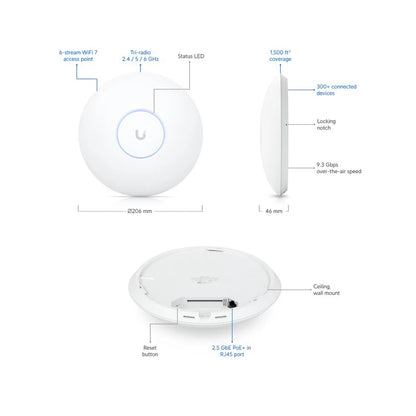 UBIQUITI U7-Pro Ceiling-mounted WiFi 7 AP With 6 Spatial Streams And 6 GHz 140m²(1,500 ft²) Wireless Access Point, 300+Connected