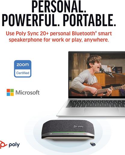 Poly Sync 20+ Personal Portable Bluetooth Smart Speakerphone (Plantronics) - USB-A UC Bluetooth Adapter - Connect Wirelessly to PC/Mac/Cell Phone - Works w/Teams, Zoom, & More