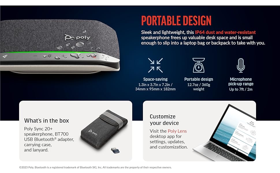 Poly Sync 20+ Personal Portable Bluetooth Smart Speakerphone (Plantronics) - USB-A UC Bluetooth Adapter - Connect Wirelessly to PC/Mac/Cell Phone - Works w/Teams, Zoom, & More