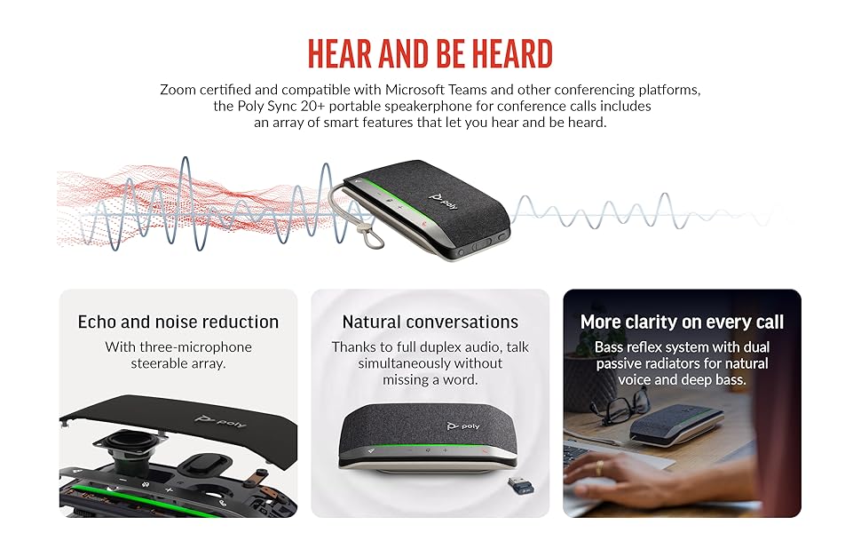 Poly Sync 20+ Personal Portable Bluetooth Smart Speakerphone (Plantronics) - USB-A UC Bluetooth Adapter - Connect Wirelessly to PC/Mac/Cell Phone - Works w/Teams, Zoom, & More