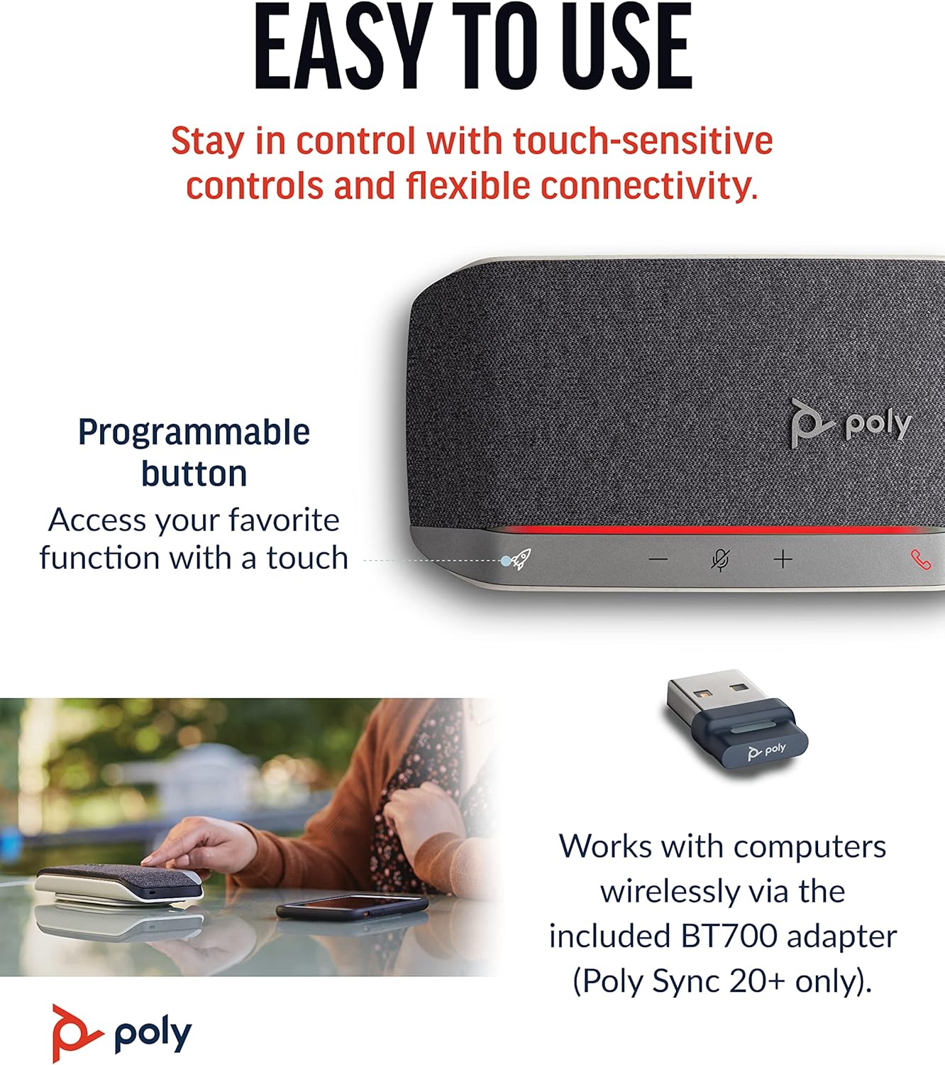 Poly Sync 20+ Personal Portable Bluetooth Smart Speakerphone (Plantronics) - USB-A UC Bluetooth Adapter - Connect Wirelessly to PC/Mac/Cell Phone - Works w/Teams, Zoom, & More