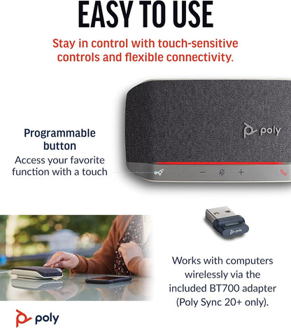 Poly Sync 20+ Personal Portable Bluetooth Smart Speakerphone (Plantronics) - USB-A UC Bluetooth Adapter - Connect Wirelessly to PC/Mac/Cell Phone - Works w/Teams, Zoom, & More