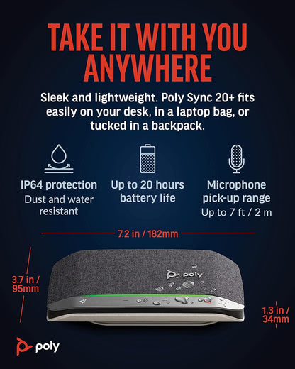 Poly Sync 20+ Personal Portable Bluetooth Smart Speakerphone (Plantronics) - USB-A UC Bluetooth Adapter - Connect Wirelessly to PC/Mac/Cell Phone - Works w/Teams, Zoom, & More